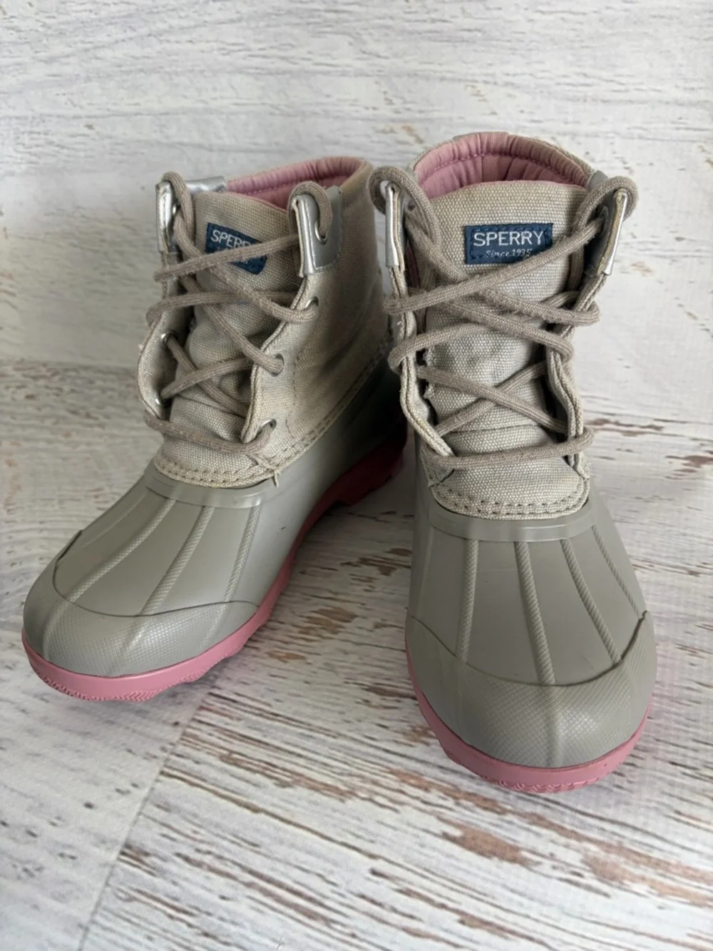 Sperry Port Pink and Grey Duck Boots